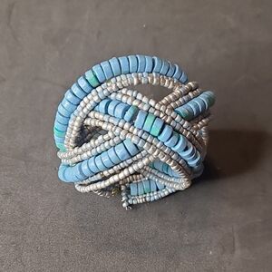 Turquoise and Silver Bead Bracelet Braided Cuff Bangle Bracelet